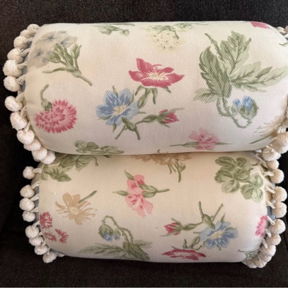 Cottage/Farmhouse Floral Print Bolster Pillows with Pom Trim and Gingham Ends